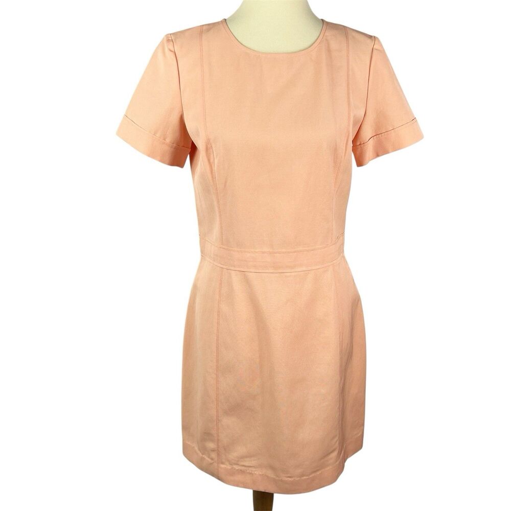Theory Inessa Apricot Short Sleeve Exposed Gold Back Zipper Sheath Dress 10